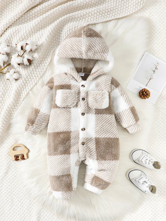 Plaid Hooded Plush Jumpsuit, Winter Warm Romper