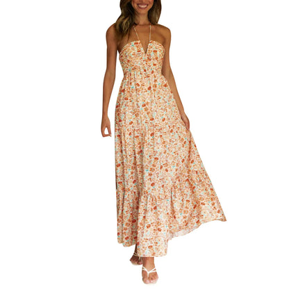 Women's Spaghetti Strap V-Neck Long Chiffon Dress — Off Shoulder Casual Maxi