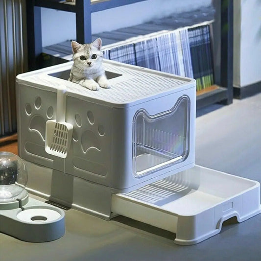 Bac à litière pour chat avec entrée par l'avant et sortie par le haut — Litière pour chat pliante avec pelle et tiroir, très grande taille