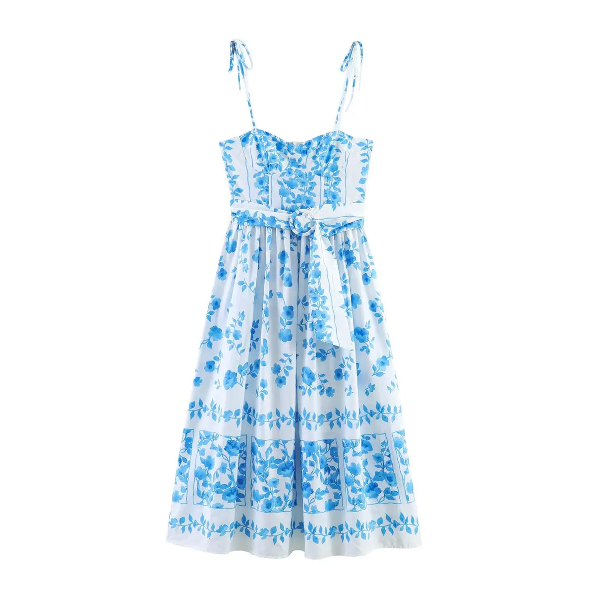 Women Blue Print Cami Dress 2026 Summer Sexy Sashes Bow Midi Dress Beach Holiday Long Fashion Female Vestidos