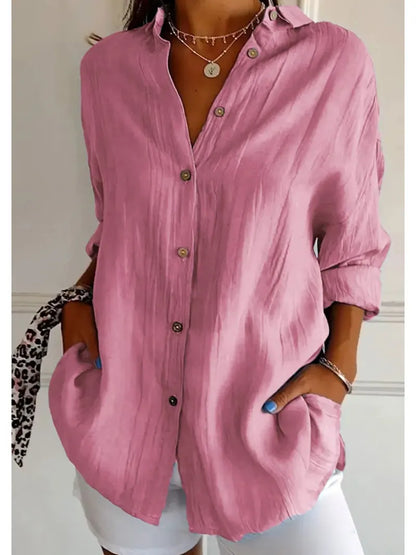 Women's Lapel Long Sleeve Solid Shirt — Casual Single Breasted Blouse Top