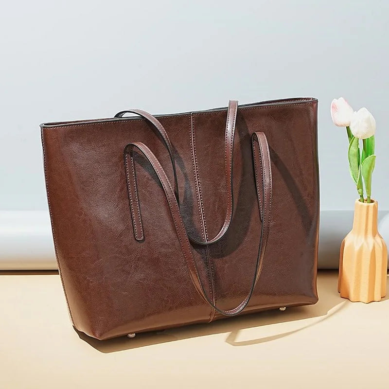 Red Cowhide Leather Tote Bag, Extra Large Capacity