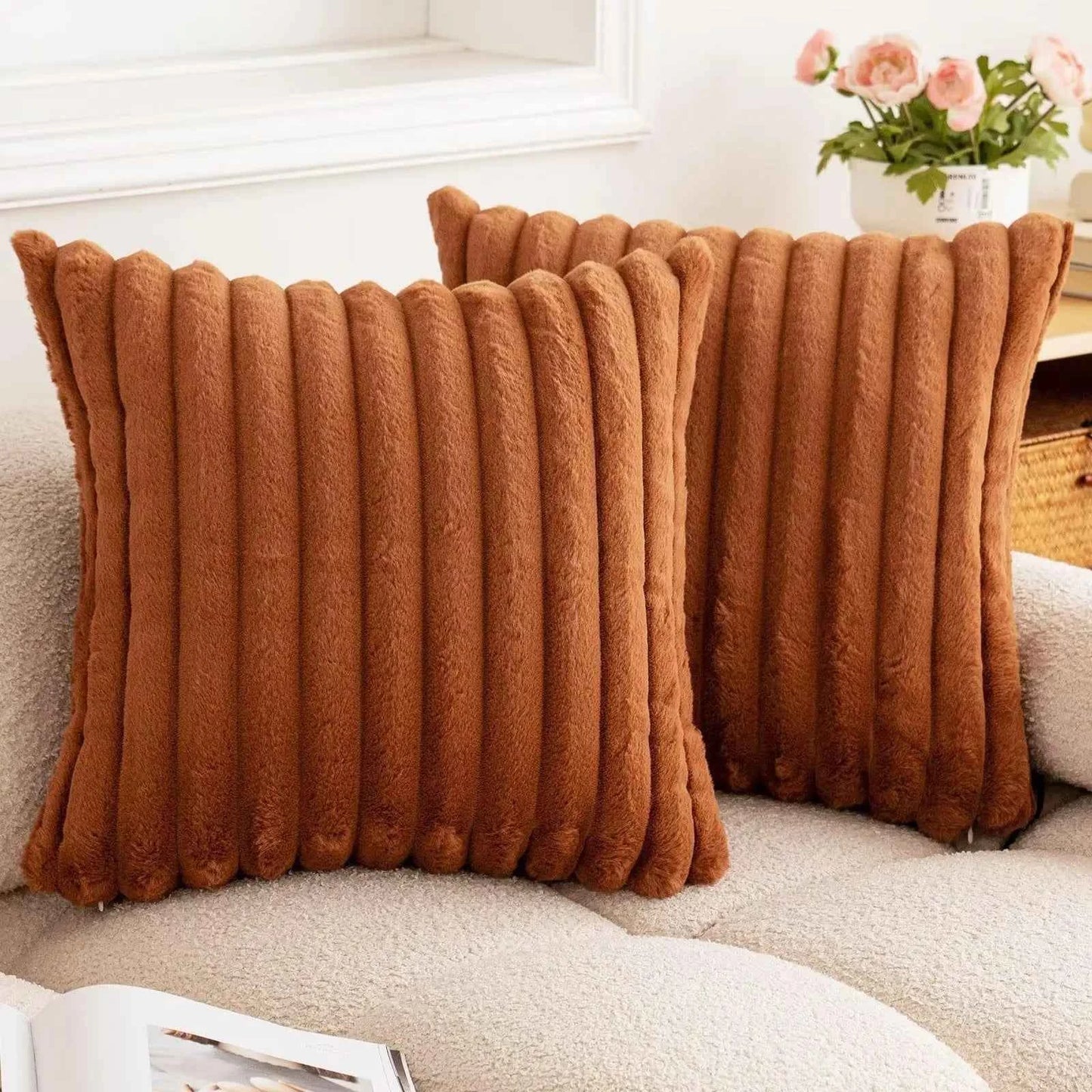 1pc Ins Style Plain Color Vertical Stripe High Quality Rabbit Plush Pillow Cover and Sofa Bedroom Cushion Coreless Pillowcase