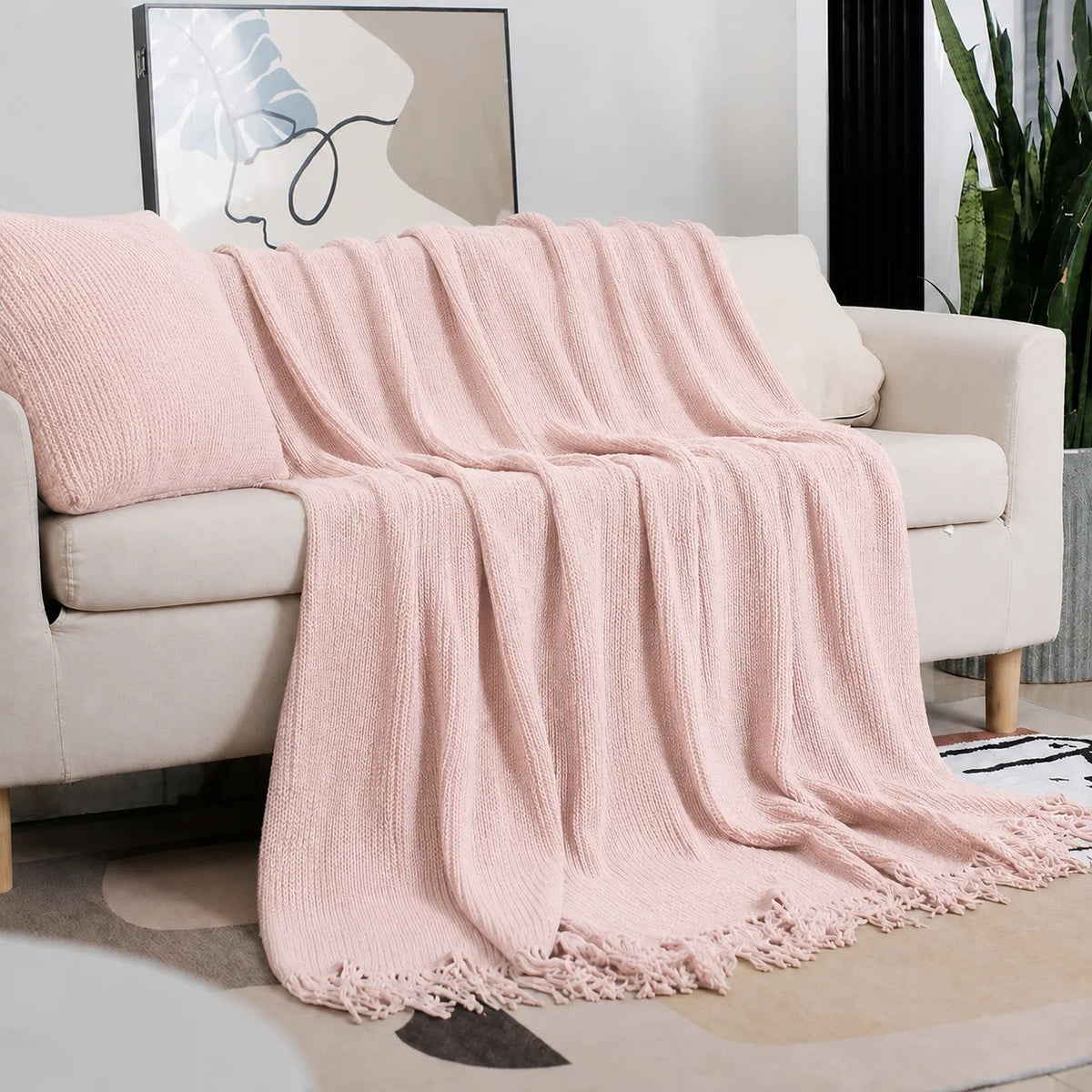Beige Openwork Textured Knit Throw Blanket with Tassel Fringe, Soft Knitted Decorative Blanket, Lightweight Cozy Cover for Couch Sofa Bed, Boho Farmhouse Home Decor for Living Room Bedroom