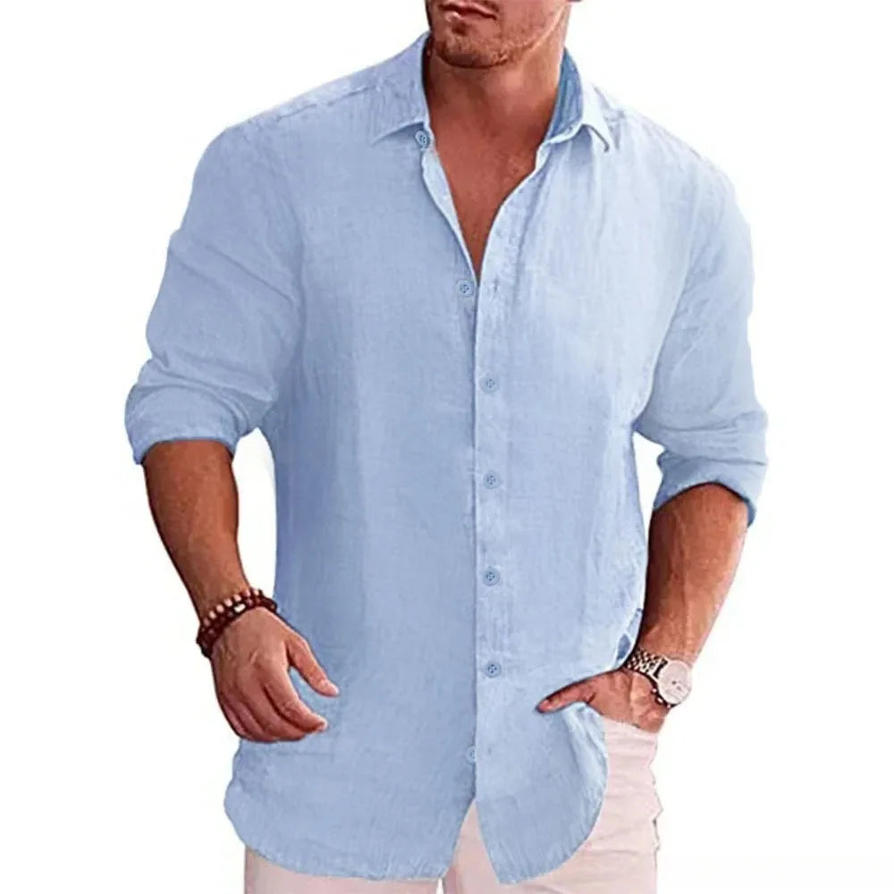 Men's Cotton Linen Long Sleeve Casual Shirt — Solid Color Plus Size Linen Top