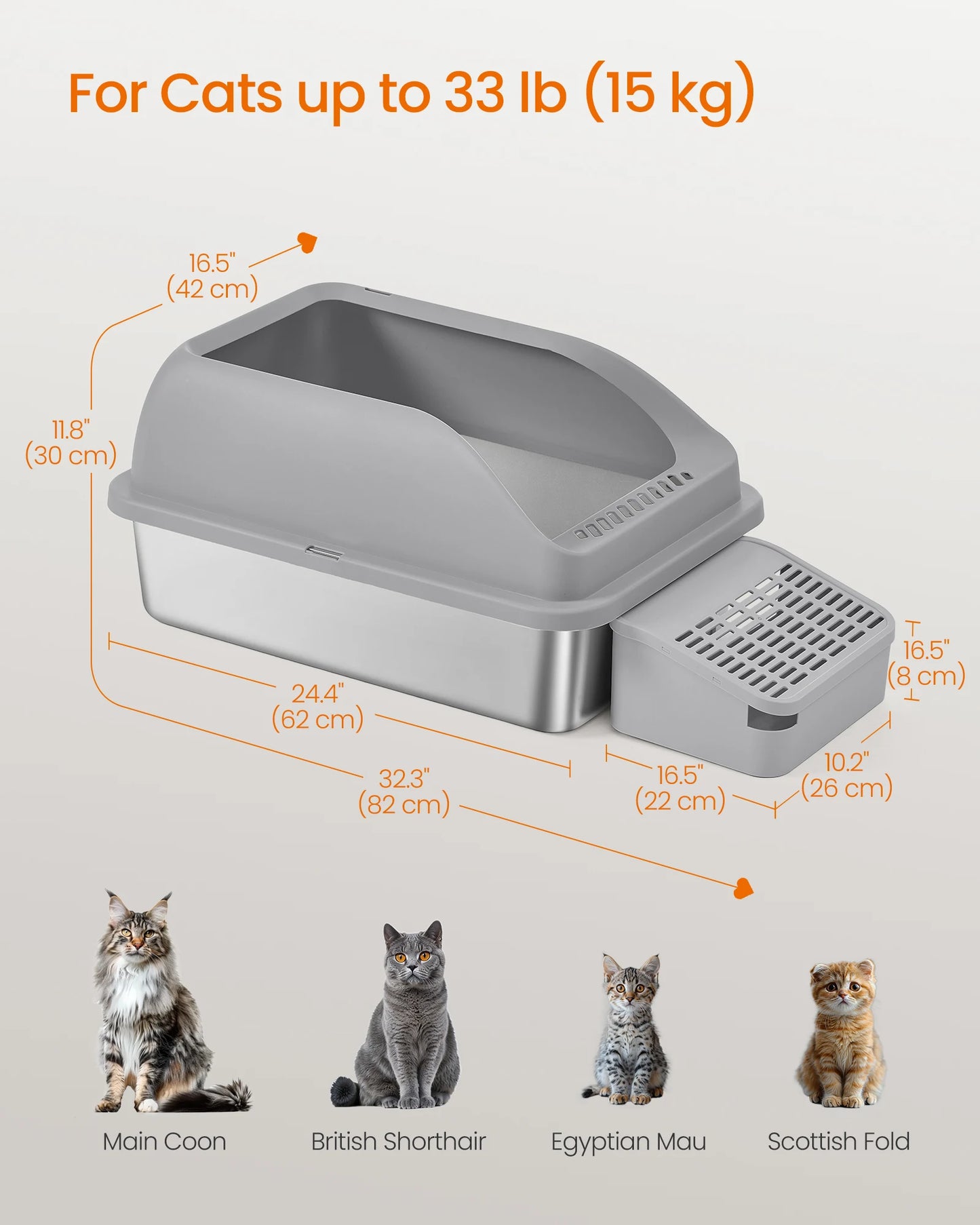 Stainless Steel Open Top Cat Litter Box — High Sided with Step, Scoop & Brush