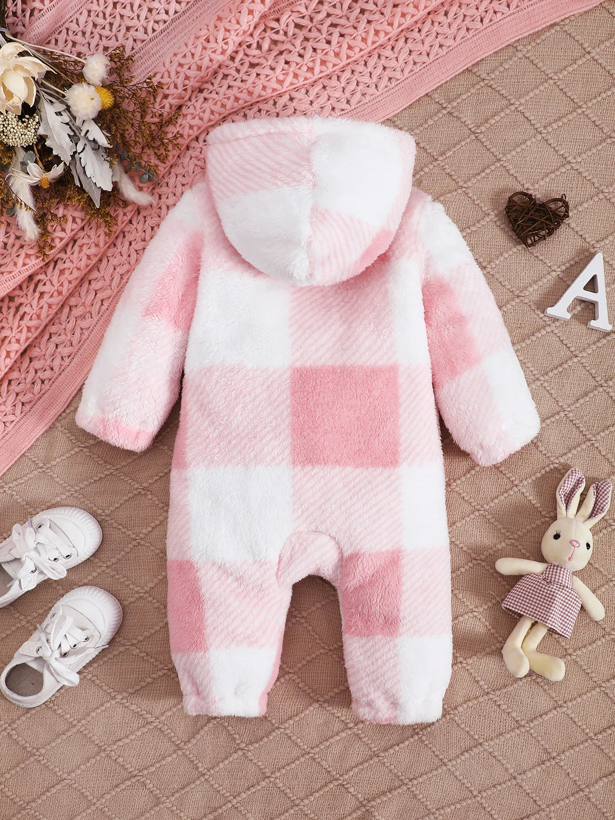 Plaid Hooded Plush Jumpsuit, Winter Warm Romper