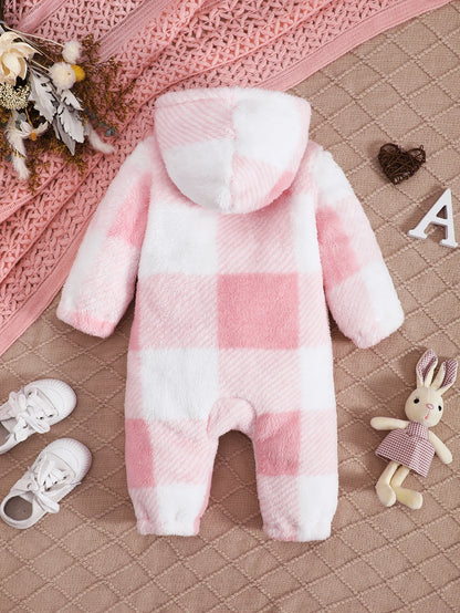 Plaid Hooded Plush Jumpsuit, Winter Warm Romper