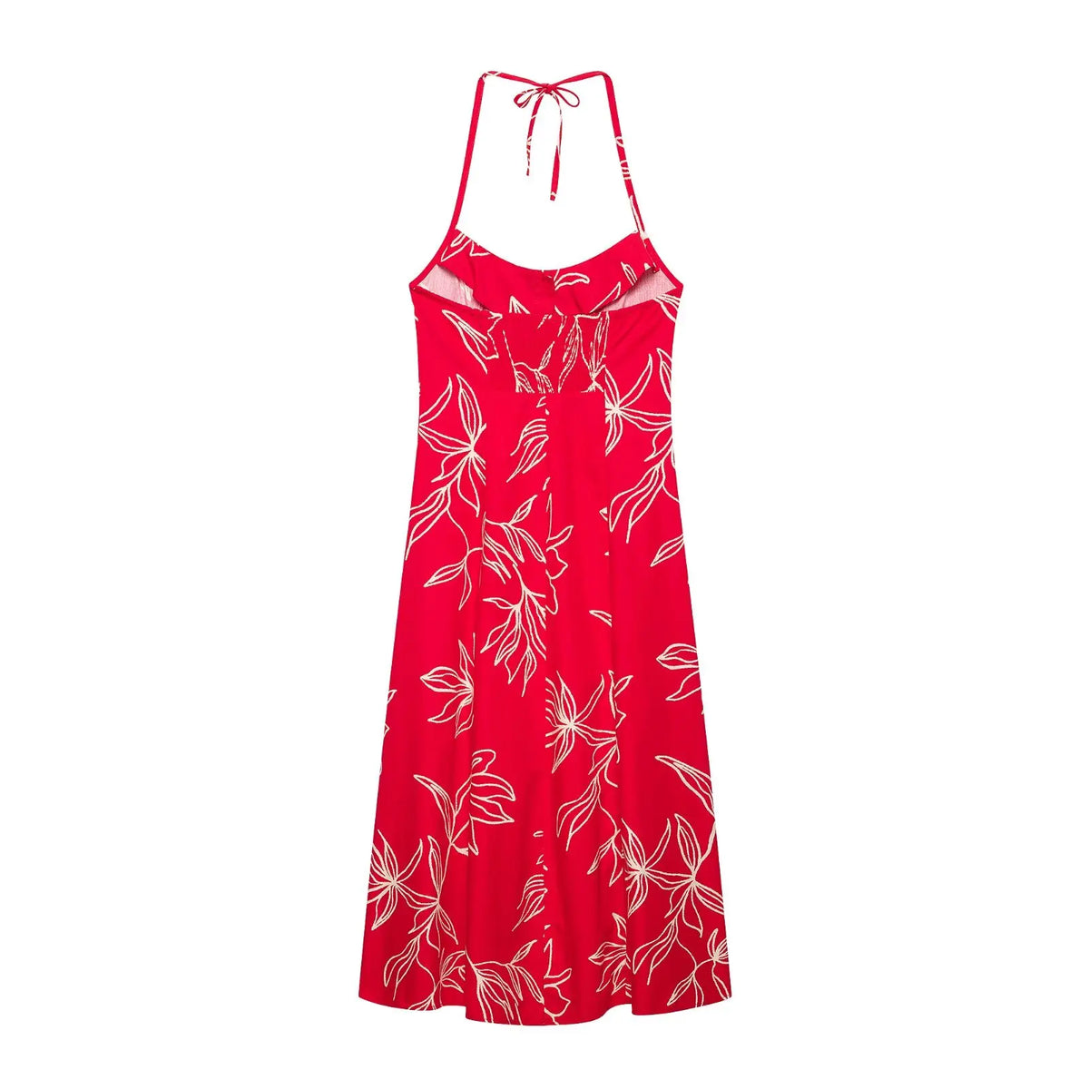 Women's Red Floral Print Halter Neck Maxi Dress – Sleeveless A-Line Cotton Casual Summer Dress