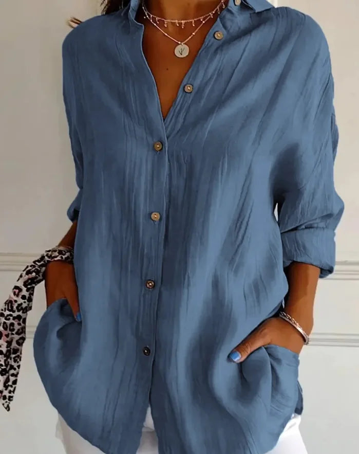Women's Lapel Long Sleeve Solid Shirt — Casual Single Breasted Blouse Top