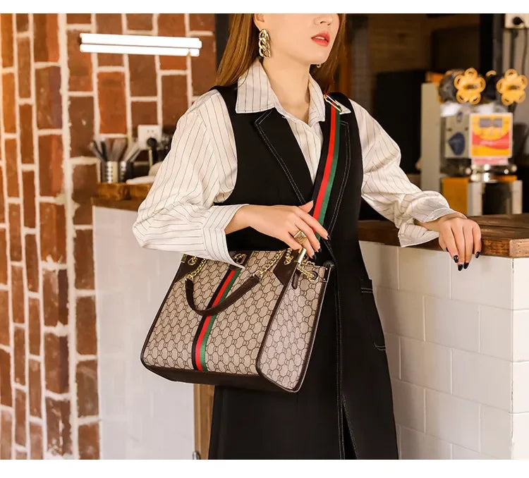 Floral Woven Tote Bag with Metal Chain Strap