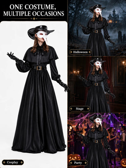 Women Plague Doctor Costume Set Medieval Gothic Long Dress with Cape Belt Hat Gloves Bird Beak Mask Steampunk Halloween Cosplay Outfit for Carnival Party