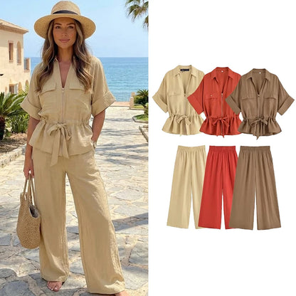 Willshela Women's 2-Piece Set — Zipper Shirt & High Waist Elastic Trousers