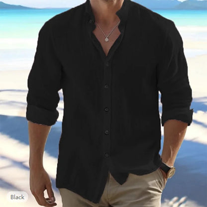 Men's Cotton Linen Long Sleeve Stand Collar Beach Shirt — Solid Color Plus Size Casual Top