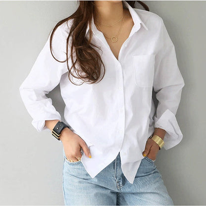 Women's Cotton Blouse White Shirt — OL Style Long Sleeve Fashion Top
