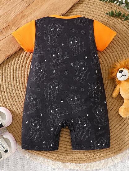 Cartoon Lion Print Short Sleeve Baby Romper