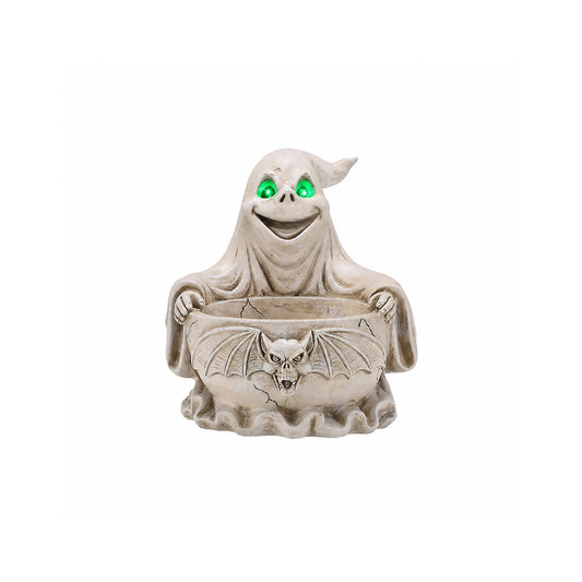 Halloween Ghost Candy Bowl with LED Glowing Green Eyes, Gothic Bat Resin Storage Dish, Spooky Tabletop Decor for Party Treats & Keys