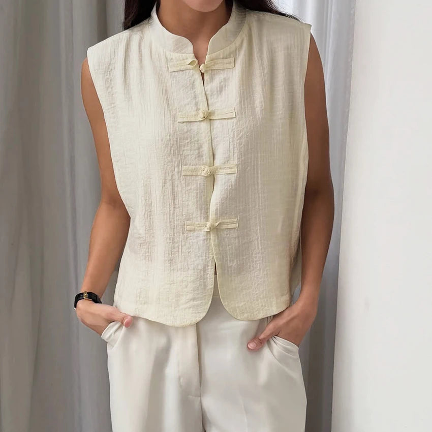 Linad Women's Vintage Chinese Knot Stand Collar Vest — Sleeveless Casual Tank Top