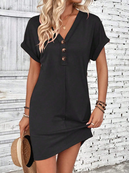 Women's V-Neck Button Down Mini Dress — Casual Summer Beach Party Dress