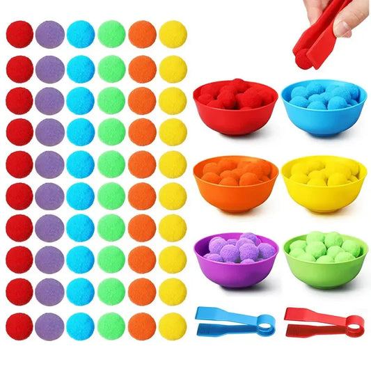 Children Counting and Sorting Toys  Pom poms Rainbow Colors Plastic Bowls Tweezers Fine Motor Skill Chidlren Learning Toys