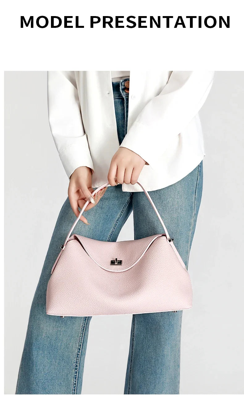 Retro Cowhide Leather Tote, Large Capacity Shopping Bag