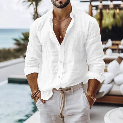 Men's Cotton Linen Beach Style Button Shirt — Solid Color Breathable Lightweight Top