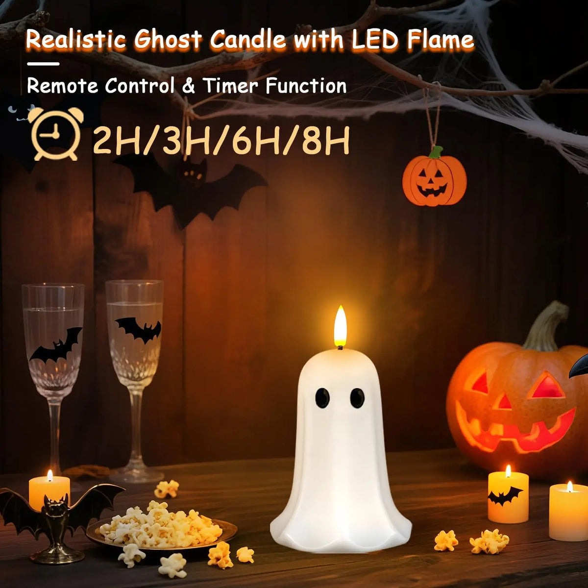 Halloween Ghost Flameless Candle with Timer – LED Candle with Flickering Flame, Real Wax, Remote Control, Spooky Halloween Decor
