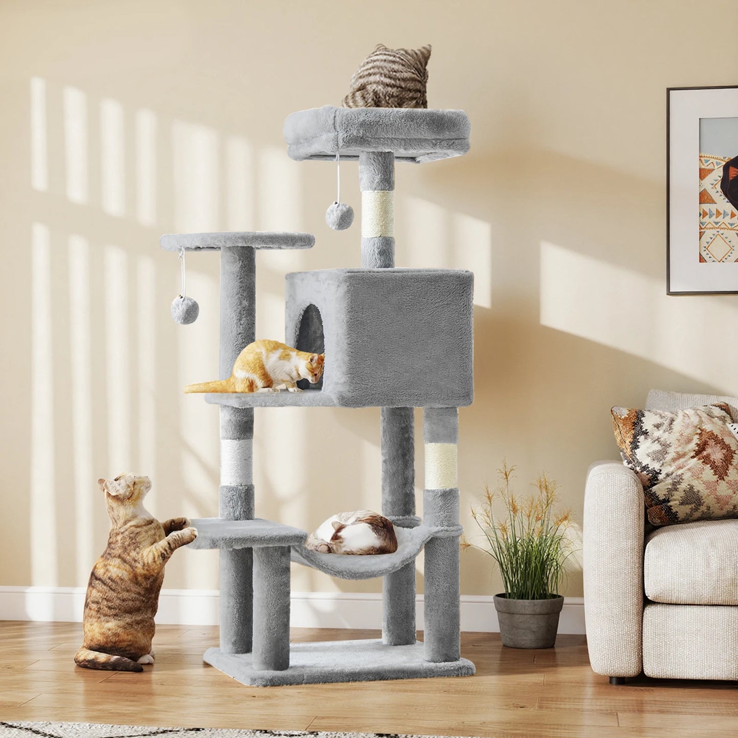 44" Tall Cat Tree & Climbing Tower — Natural Sisal Scratching Posts & Indoor Cat House