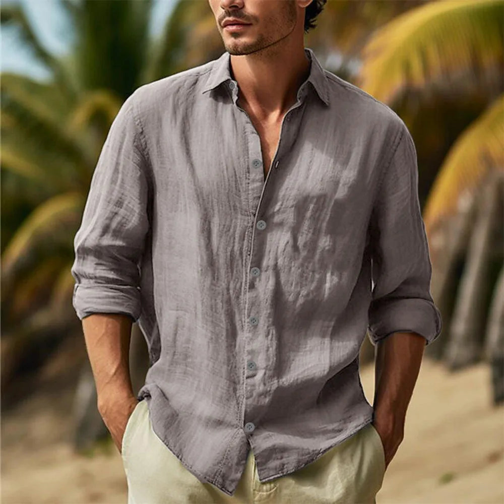 Men's Cotton Linen Hawaiian Casual Shirt — Turn Down Collar Solid Breathable White Shirt