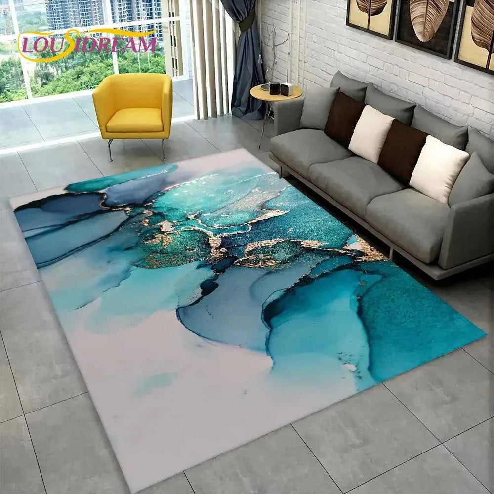 Nordic Blue Golden Colour Marble Geometric Area Rug,Carpet Rug for Living Room Bedroom Sofa Doormat Decor,Kid Non-slip Floor Mat