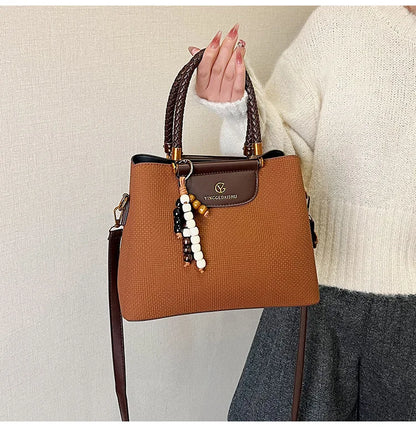 Dark Khaki Faux Leather Tote, Braided Handle & Wood Beads
