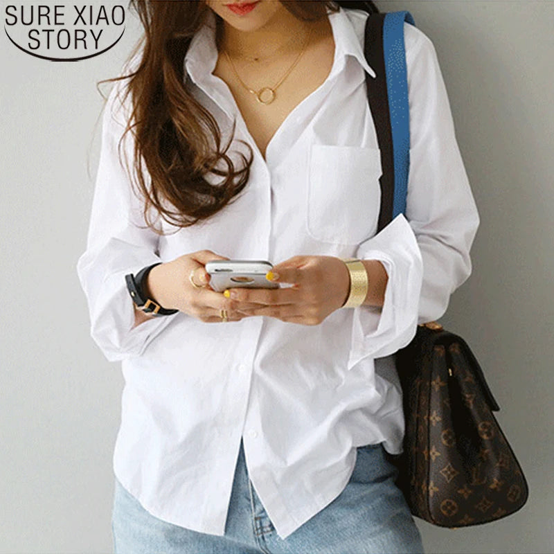 Women's Cotton Blouse White Shirt — OL Style Long Sleeve Fashion Top