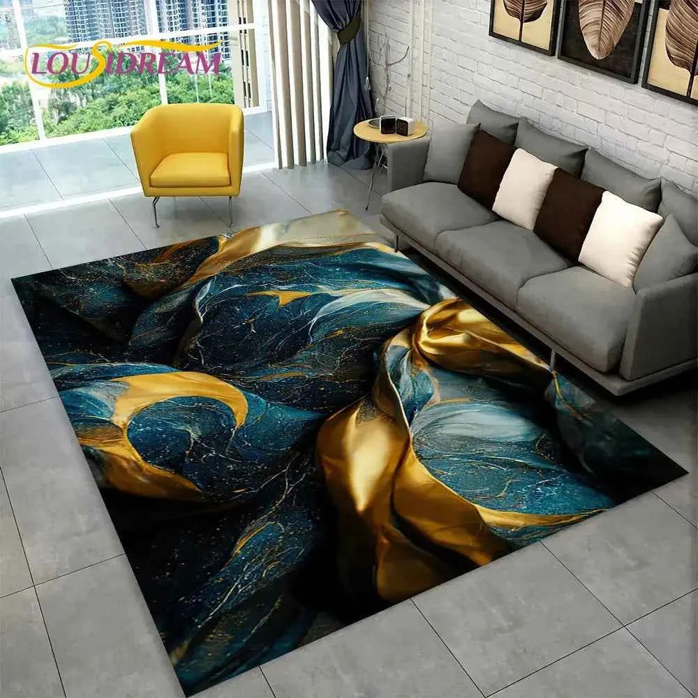 Nordic Blue Golden Colour Marble Geometric Area Rug,Carpet Rug for Living Room Bedroom Sofa Doormat Decor,Kid Non-slip Floor Mat