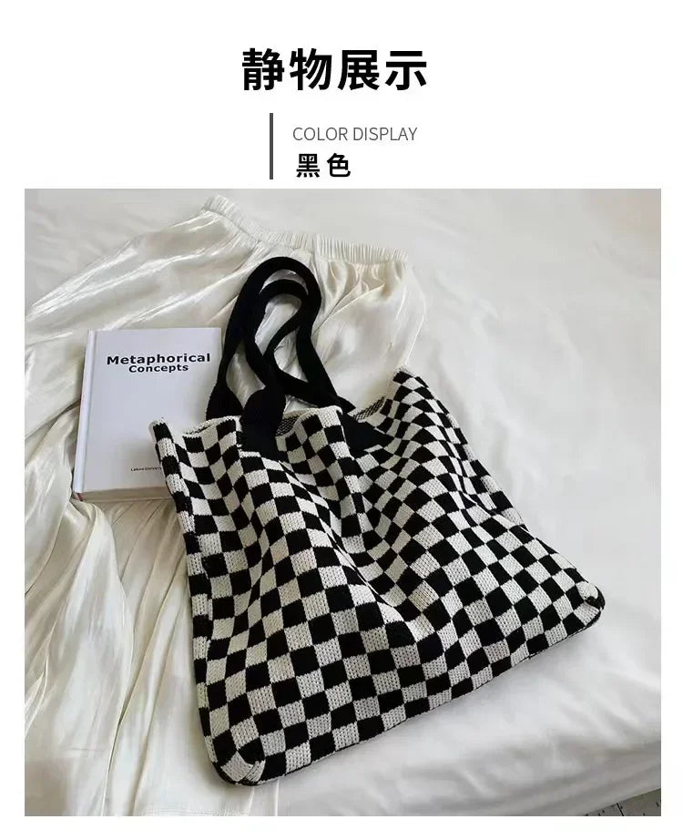 Plaid Wool Knitted Tote Bag, Color-Matched Design