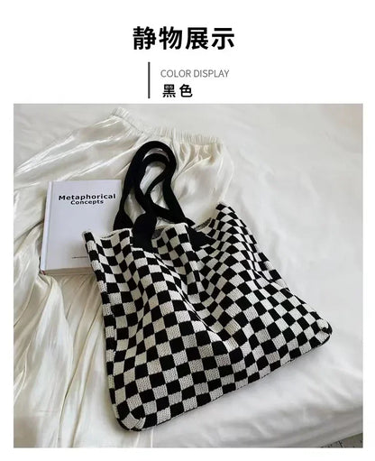 Plaid Wool Knitted Tote Bag, Color-Matched Design