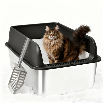 Stainless Steel Cat Litter Box with High Walls — Scoop & Metal Tray