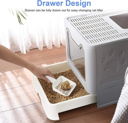 Front Entry Top Exit Cat Litter Box — Foldable Hooded Kitty Toilet with Scoop & Drawer, Extra Large