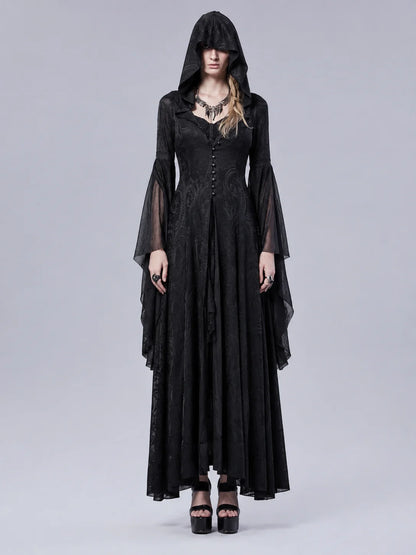 Women Gothic Witch Hooded Maxi Dress Bell Long Sleeve Jacquard Mesh V‑Neck Button Front Floor‑Length Gown Halloween Cosplay Costume for Party Carnival