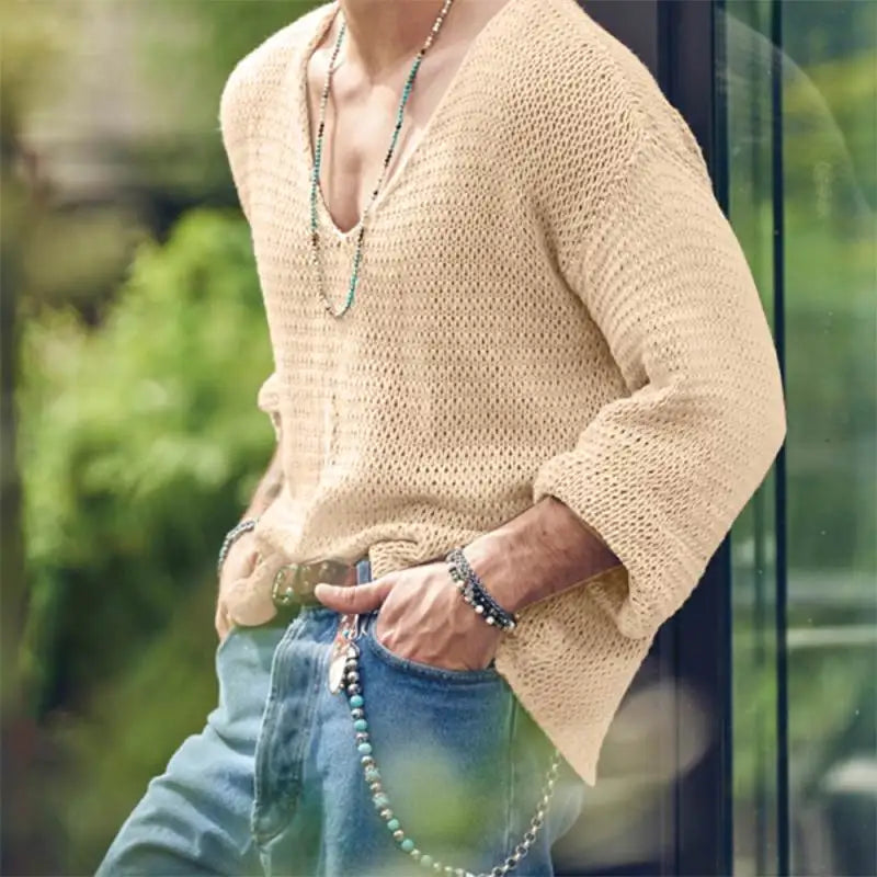 Men's Luxury Knit V-Neck Long Sleeve T-Shirt — Solid Color Hollow Out Loose Streetwear Tee