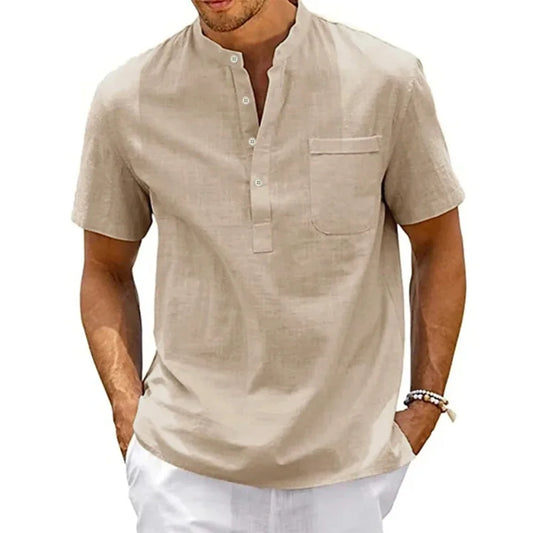 Chemise de plage Henley à manches courtes en coton et lin pour homme — Vêtement de rue vintage avec poche
