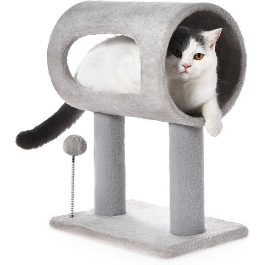 Gray Indoor Cat Tree With Hanging Ball 20.5Cat Tree With Tunnel Bed And Scratching Post Cat Tower - DropOnline.co