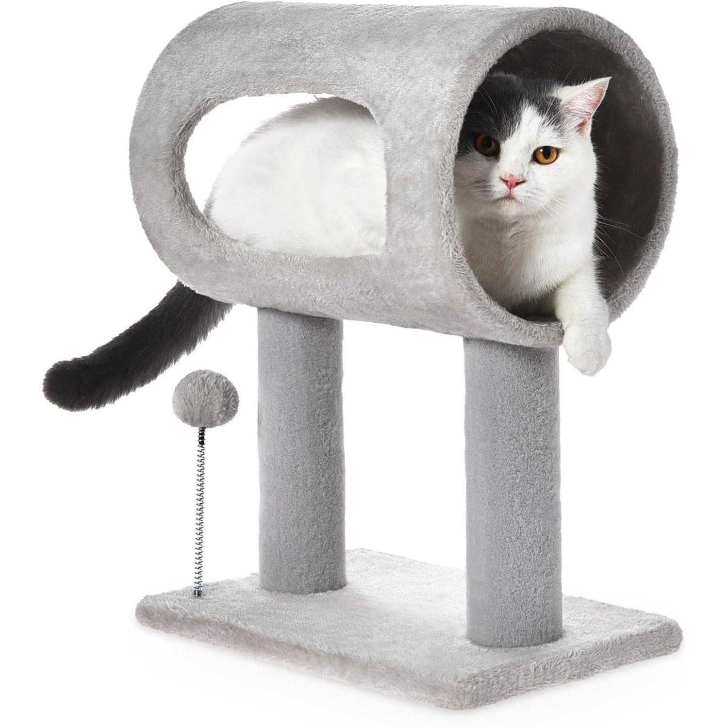Gray Indoor Cat Tree With Hanging Ball 20.5Cat Tree With Tunnel Bed And Scratching Post Cat Tower - DropOnline.co