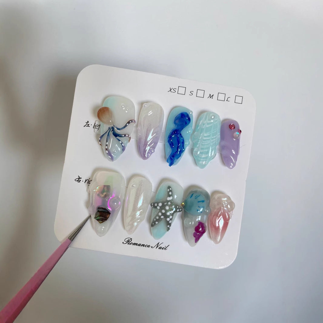 Hand-painted Happy Underwater World White Advanced Long Manicure - DropOnline.co