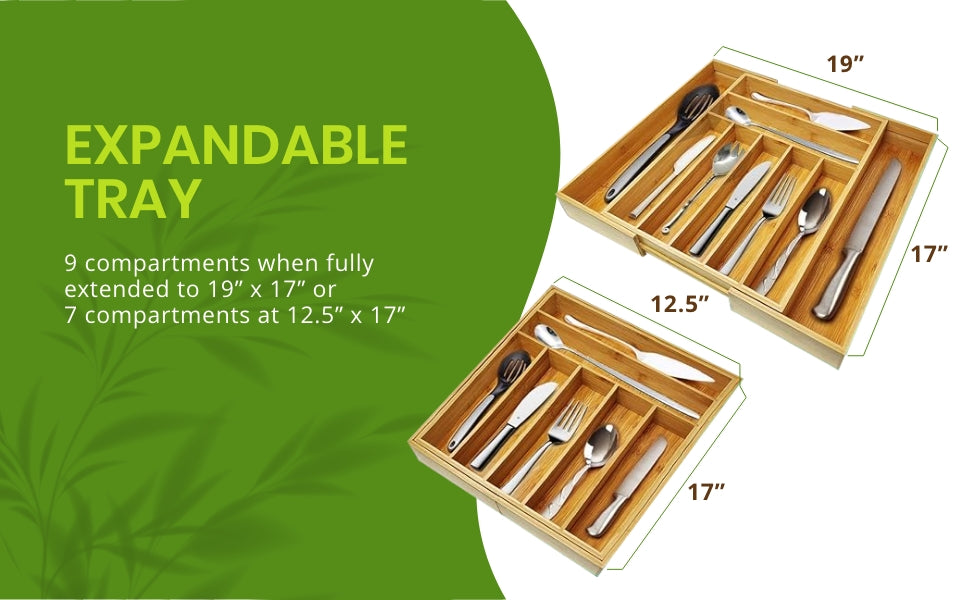 Bamboo Drawer Organizer, 9-Compartment Utensil Tray