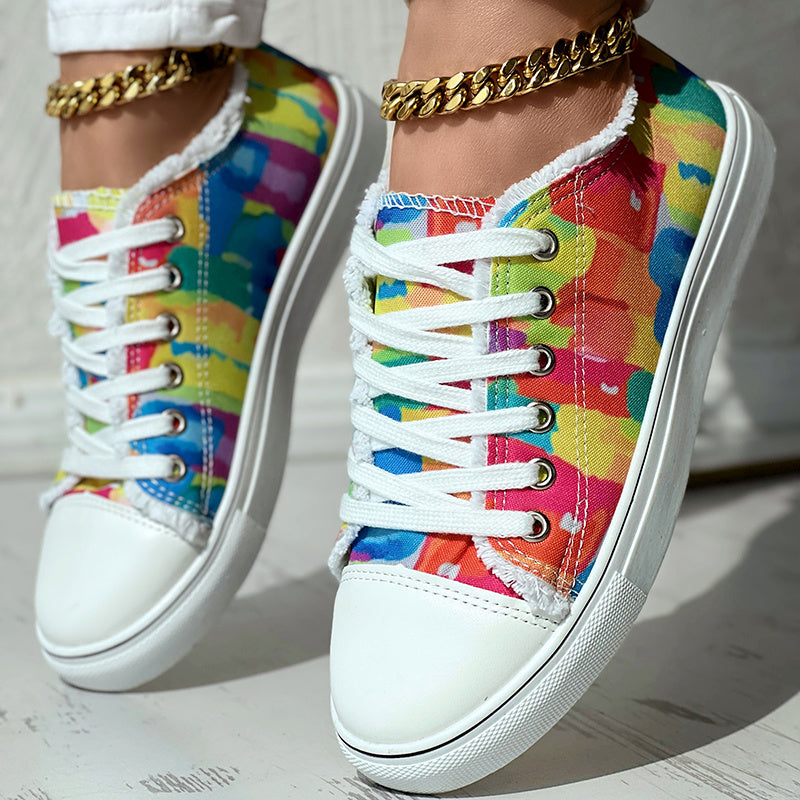 Melt Color Printed Tassel Hem Canvas Sneakers - Anklet Not Included - DropOnline.co
