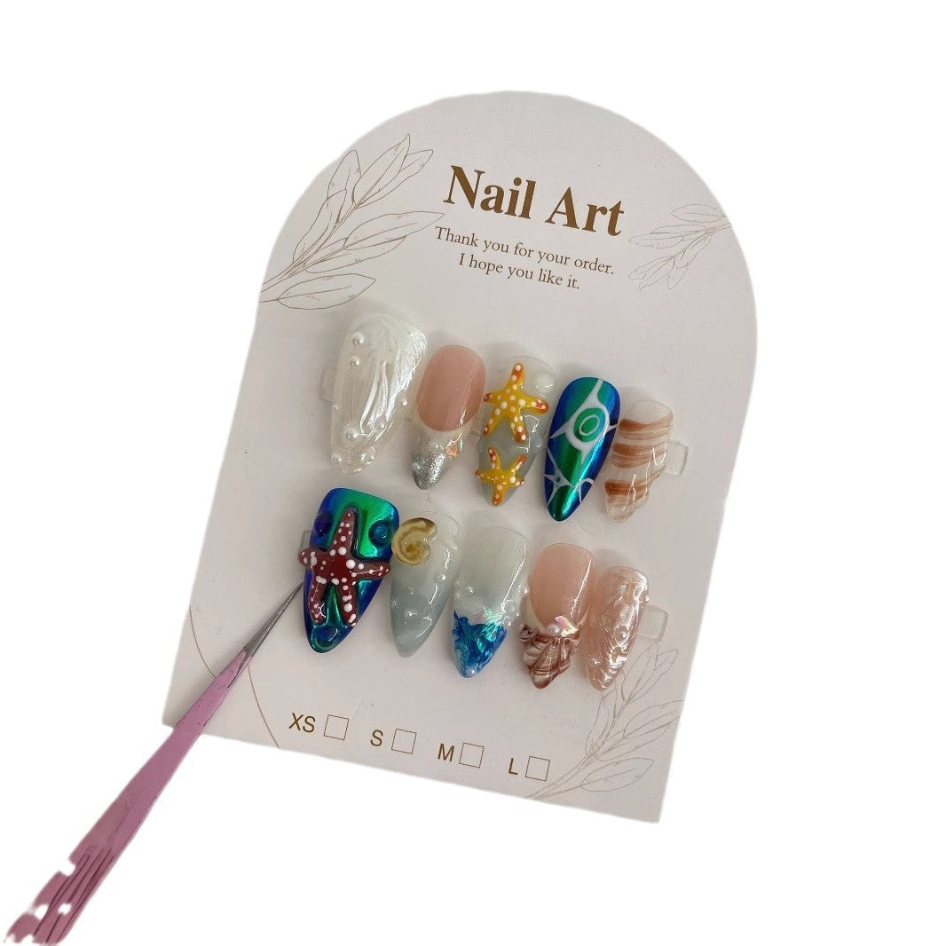Hand-painted Happy Underwater World White Advanced Long Manicure - DropOnline.co