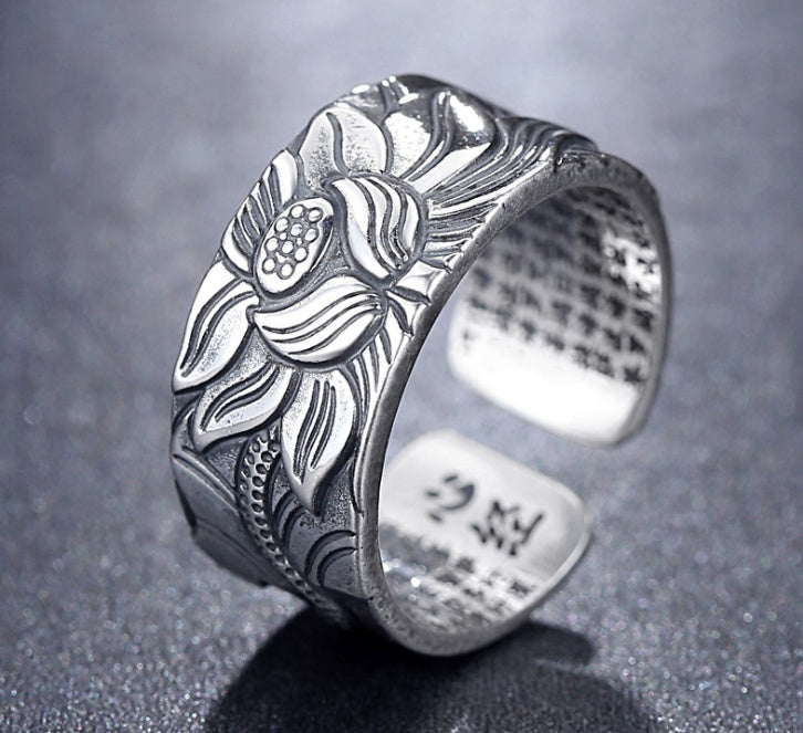 Thai Silver Black Lotus Heart Sutra  Ring - DropOnline.co
