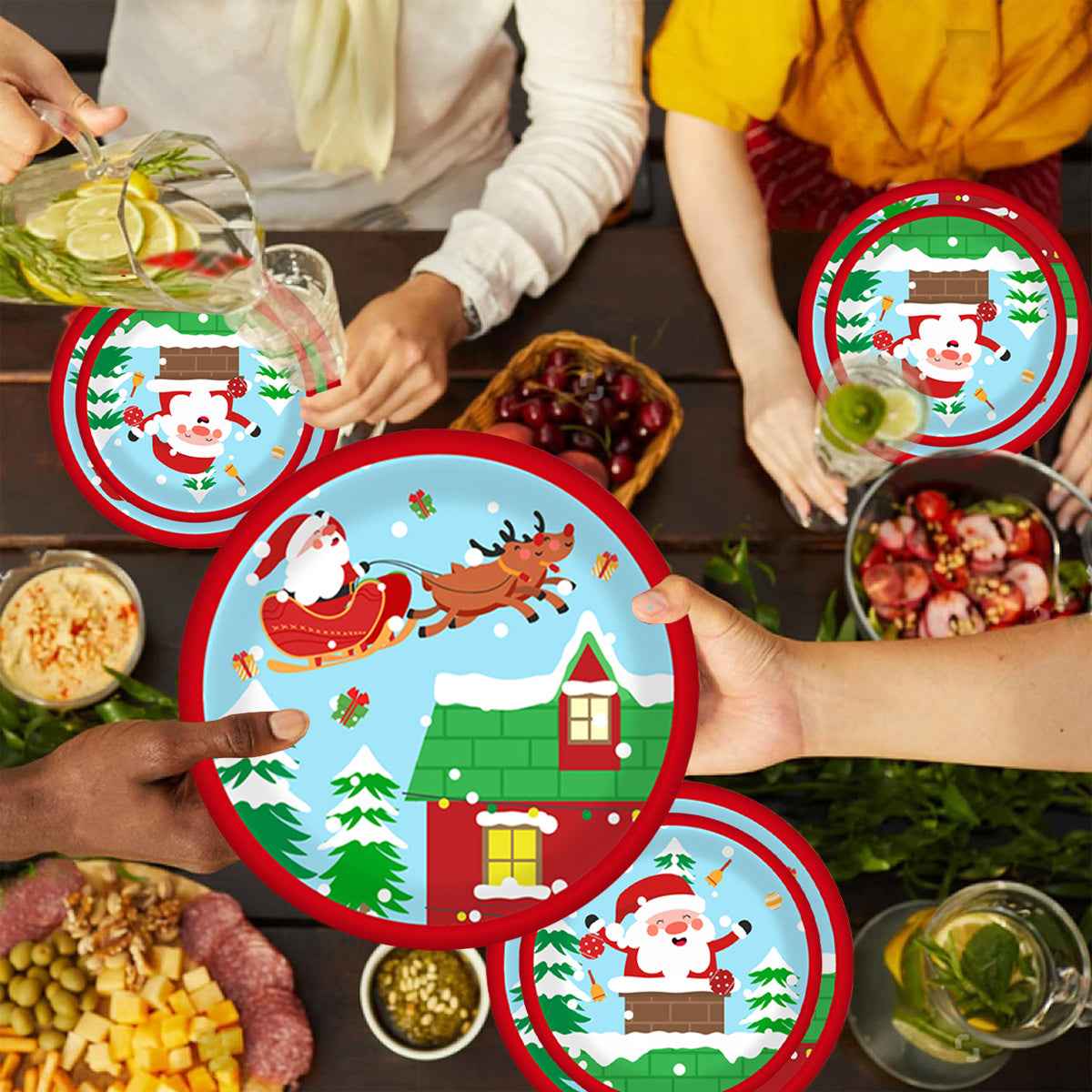 Christmas Paper Plates and Cups Set for 10 Guests - Santa Claus Elk Pattern - DropOnline.co