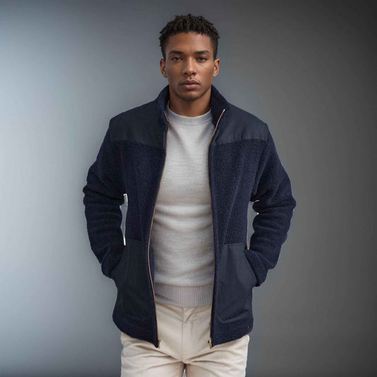 Men's Fleece Patchwork Color-Block Stand-Up Collar Fashion Jacket