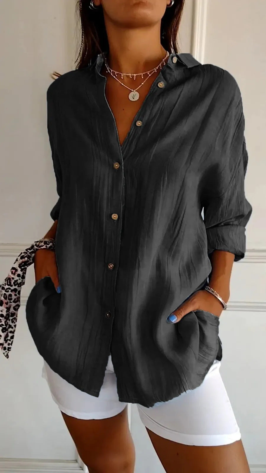 Women's Lapel Long Sleeve Shirt - Single-Breasted Pleated Button-Up - DropOnline.co